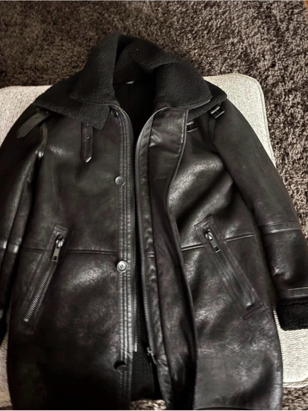 Zara Black Shearling-Trim Pea Coat